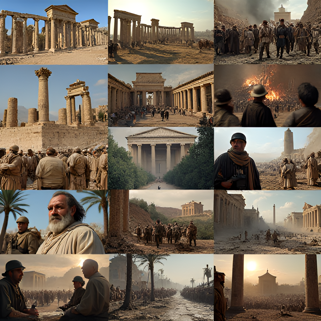 A collage of iconic images representing different eras and topics covered by BBC history documentaries, such as ancient ruins, wartime scenes, and notable historical figures.