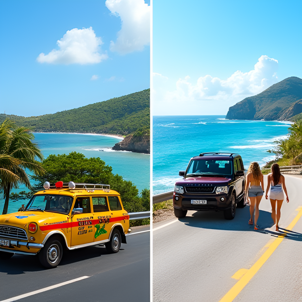 A side-by-side photo comparison showing typical transportation: one image depicts a colorful Jamaican route taxi, and the other shows a family getting into a rental car on a scenic coastal road in Guadeloupe.