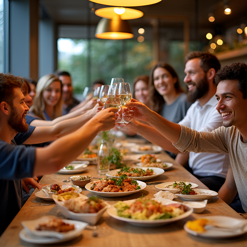 A diverse group of smiling people raising glasses in a toast at a vibrant, modern restaurant table filled with various dishes, suggesting a shared culinary experience.