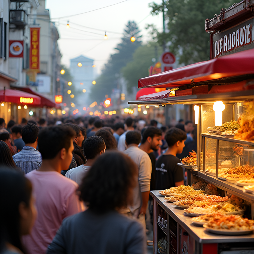 A vibrant street food scene in a diverse Los Angeles neighborhood, possibly Koreatown or Boyle Heights, showing food trucks or stalls with delicious looking dishes and diverse crowds.