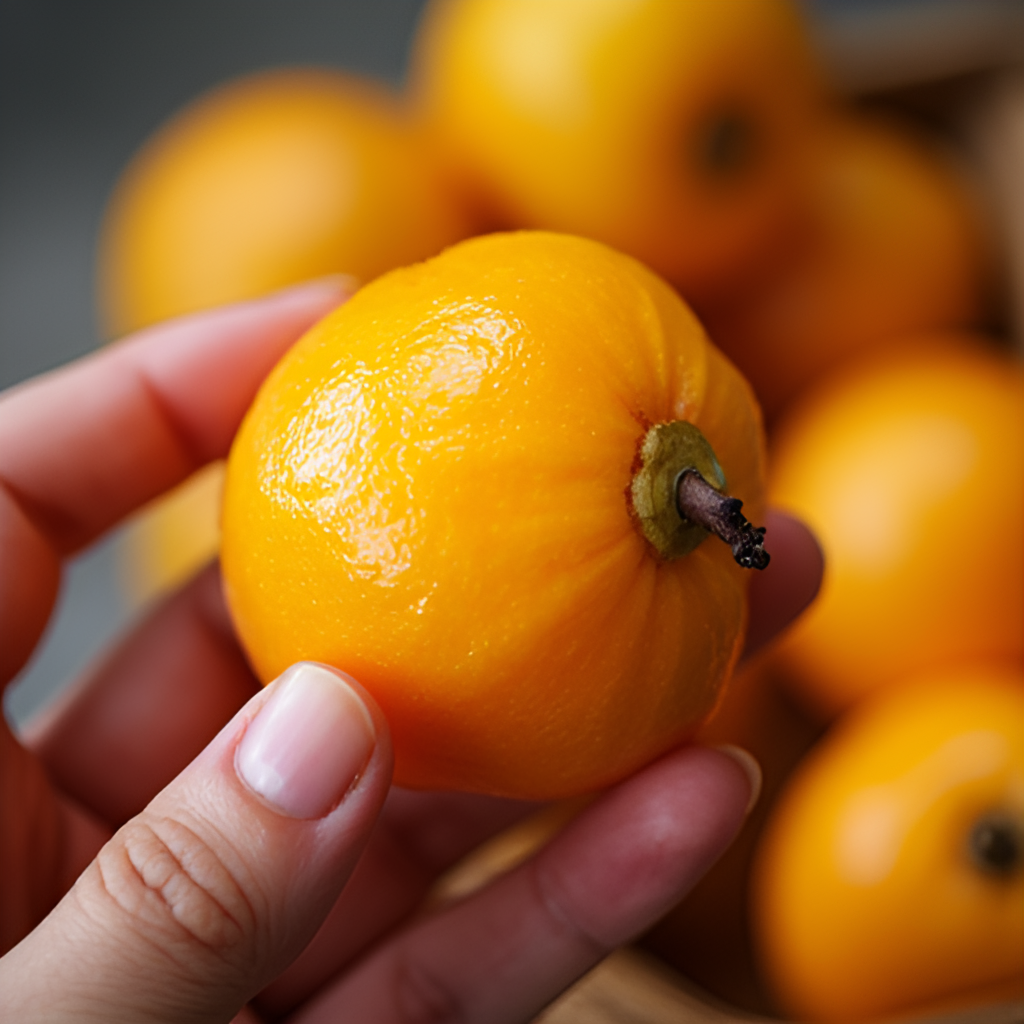 A close-up, natural light photo of a hand peeling a juicy Agbalumo fruit, highlighting its unique texture and color, with more fruits blurred in the background to show abundance.