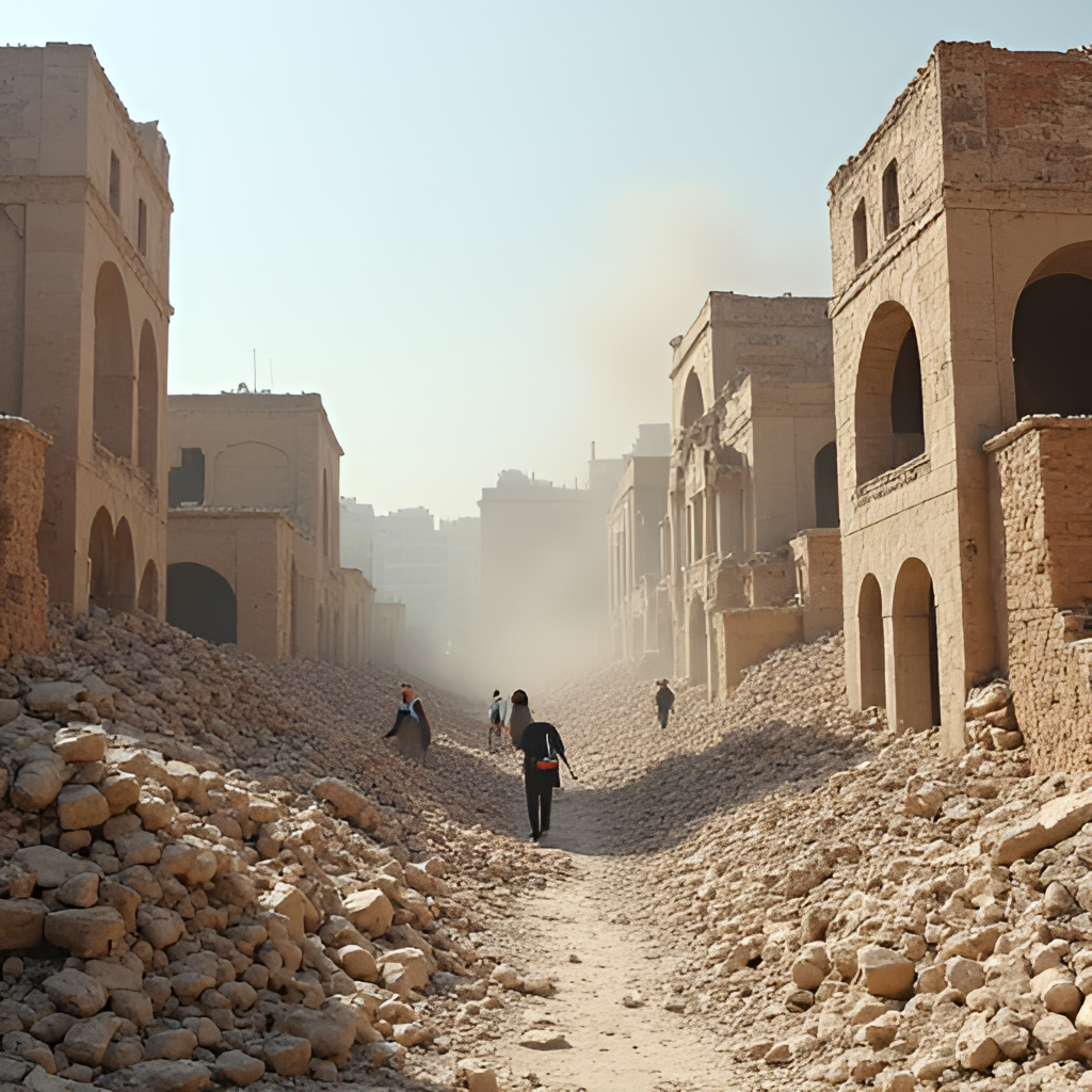 A scene depicting earthquake damage in a historic Iranian city, showing collapsed traditional mud-brick buildings alongside more modern damaged structures, with people sifting through rubble (respectful depiction, no graphic injury).