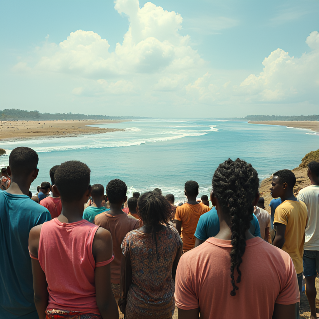 An image representing the people of Rivers State, perhaps a diverse group engaged in daily activities, looking towards a horizon that symbolizes hope and stability, contrasting with a background hinting at political uncertainty.