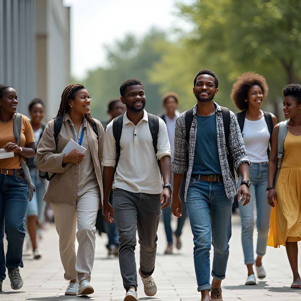 A diverse group of Nigerian students walking on a university campus, looking engaged and optimistic, with a subtle NELFUND logo in the background, symbolizing the support that enables their studies