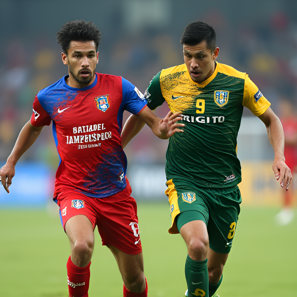 A close-up, action-oriented shot of a football player from Jamshedpur FC (wearing a red and blue kit) and a player from Nepal Army Club (wearing a green and yellow kit) challenging for the ball. Focus on their determined expressions and the intensity of the play, with a slightly blurred stadium background to highlight the players.