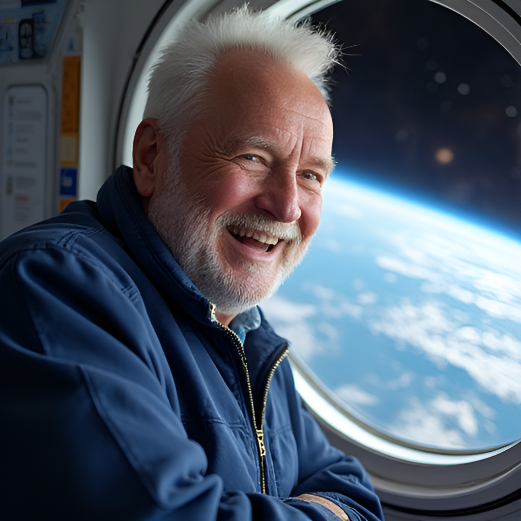 A heartwarming and authentic photograph of William Shatner, smiling broadly and looking out the window of the Blue Origin New Shepard capsule, with a visible view of the Earth's curved horizon and the vastness of space beyond.