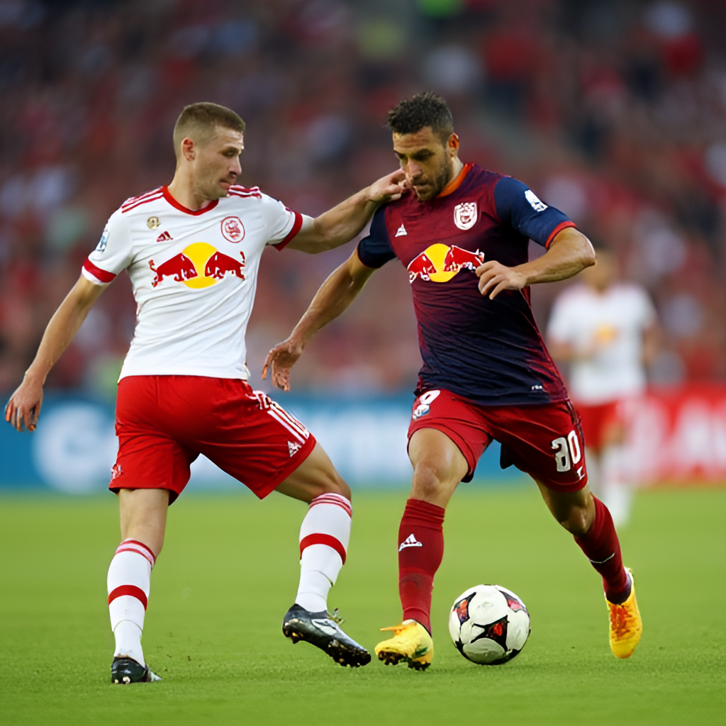 A close-up action shot of a New York Red Bulls player executing a high press against a Chicago Fire opponent in midfield, illustrating the Red Bulls' aggressive defensive style, with intense focus on the ball and blurred background of the pitch and fans.