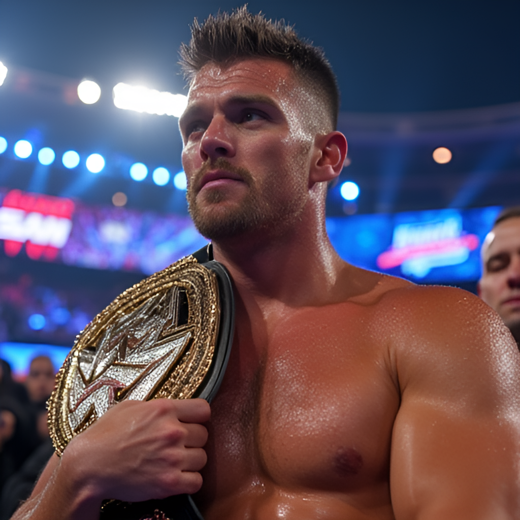 A close-up, intense shot of Cody Rhodes holding the Undisputed WWE Championship after his Street Fight victory at SummerSlam 2025, with sweat on his face and a look of triumph, the lights of MetLife Stadium blurred in the background.